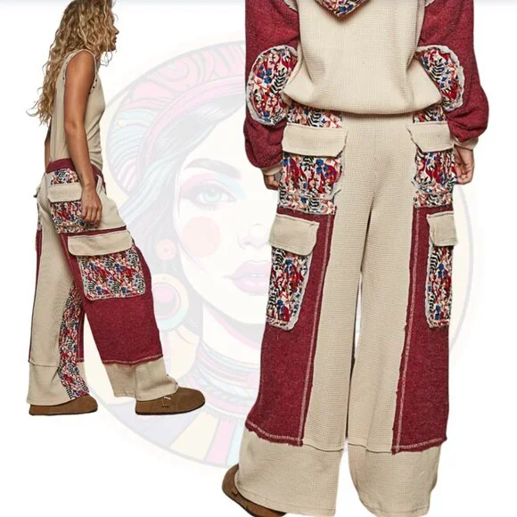 P233B POL Burgundy Floral Thermal Quilted Wide Leg Pants - Picture 2 of 2